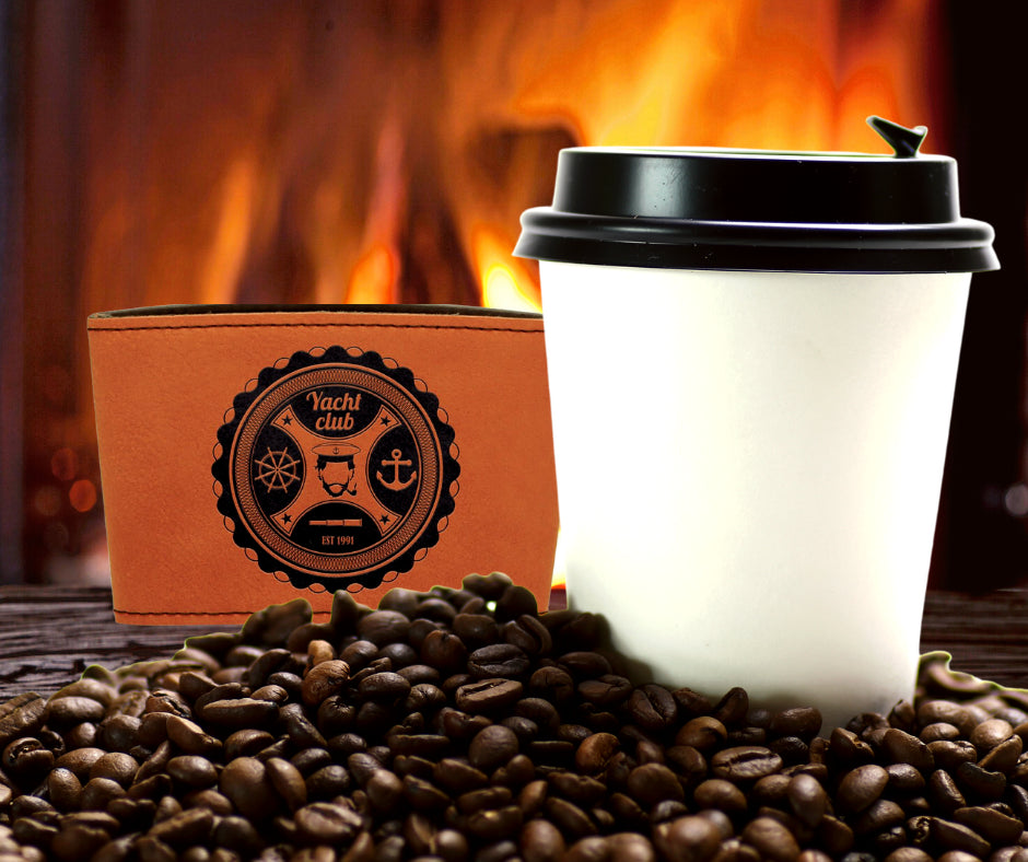 Cup Sleeve and Coffe Cup in front of a fire